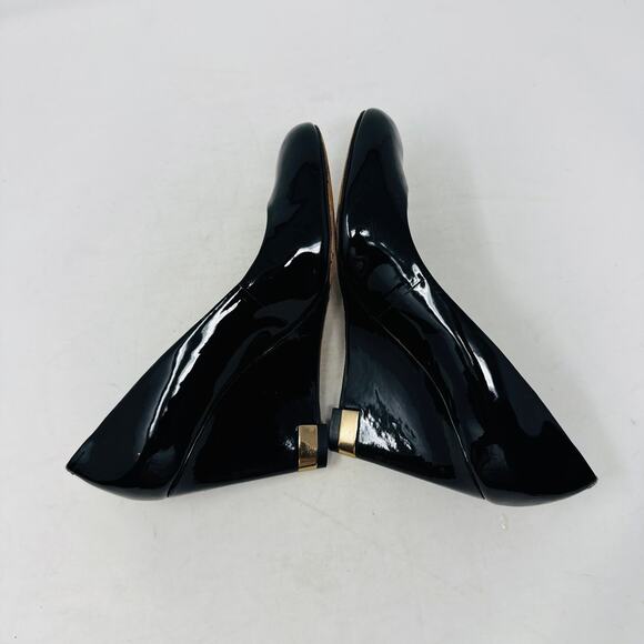 Tory Burch Black Patent Leather Wedge Heels Size 7 Logo Detail - Picture 12 of 14